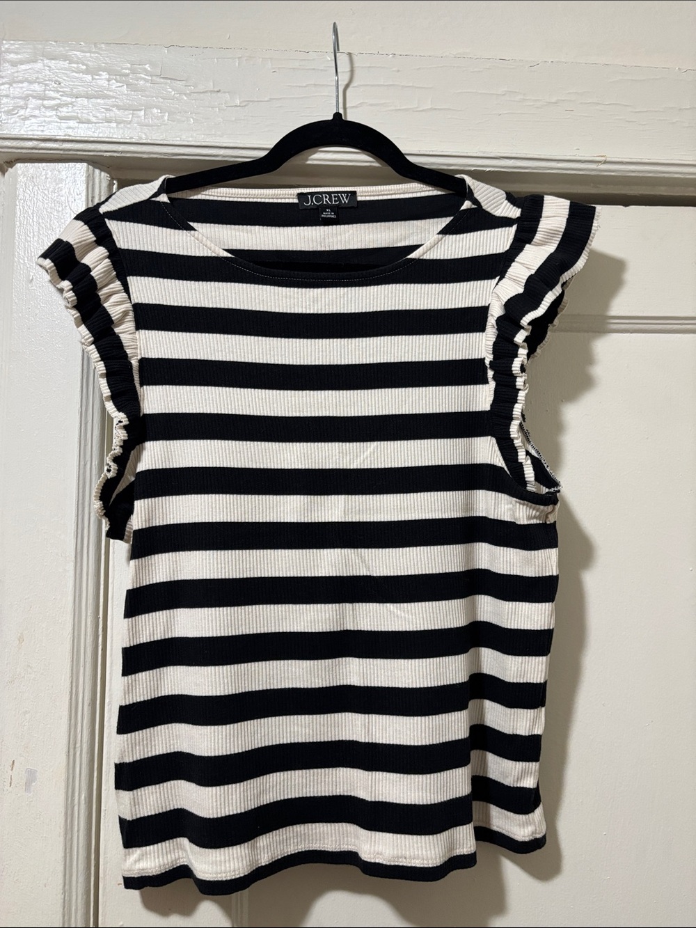 J. Crew Black and White Striped Ruffle Sleeve Top Cap Sleeve